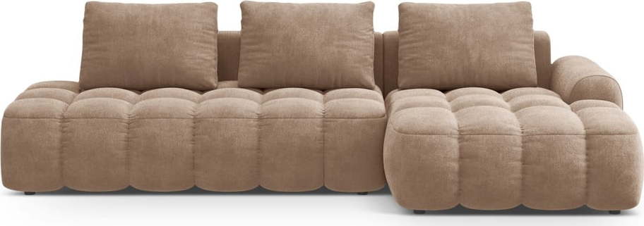 Světle hnědá sametová rozkládací/s úložným prostorem rohová pohovka (pravý roh/s lenoškou) Linz – Cosmopolitan Design Cosmopolitan design