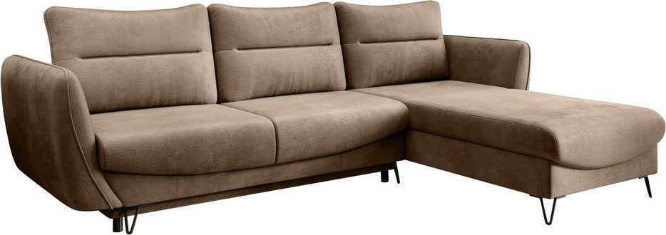 Světle hnědá sametová rozkládací/s úložným prostorem rohová pohovka (pravý roh/s lenoškou) Silva – ELTAP ELTAP