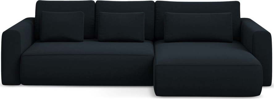 Tmavě modrá sametová rozkládací/s úložným prostorem rohová pohovka (pravý roh/s lenoškou) Kapua – Makamii Makamii