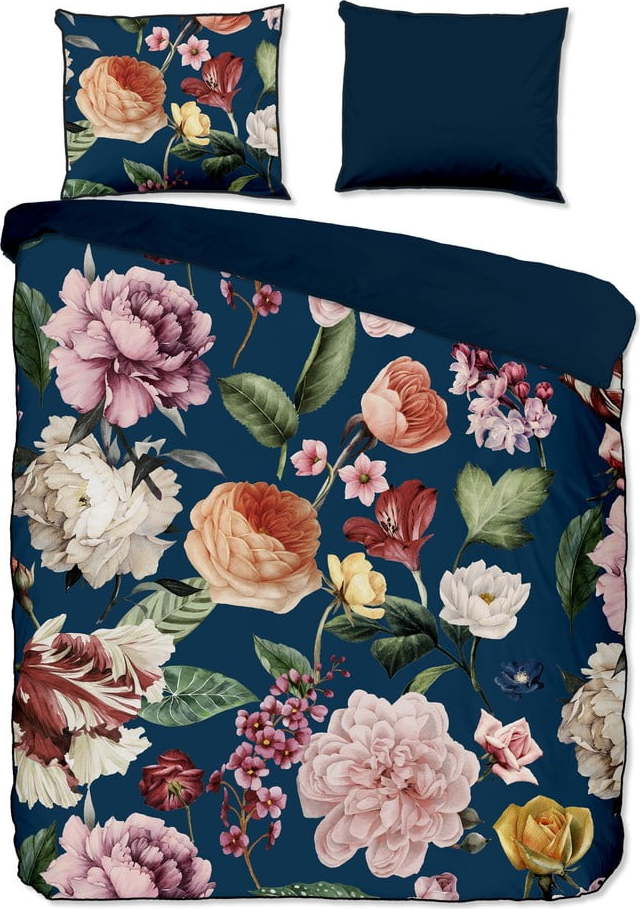 Tmavě modré povlečení na jednolůžko/prodloužené z bavlněného saténu 140x220 cm Fiori – Descanso Descanso