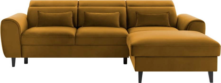 Žlutá sametová rozkládací/s úložným prostorem rohová pohovka (pravý roh/s lenoškou) Foble – ELTAP ELTAP