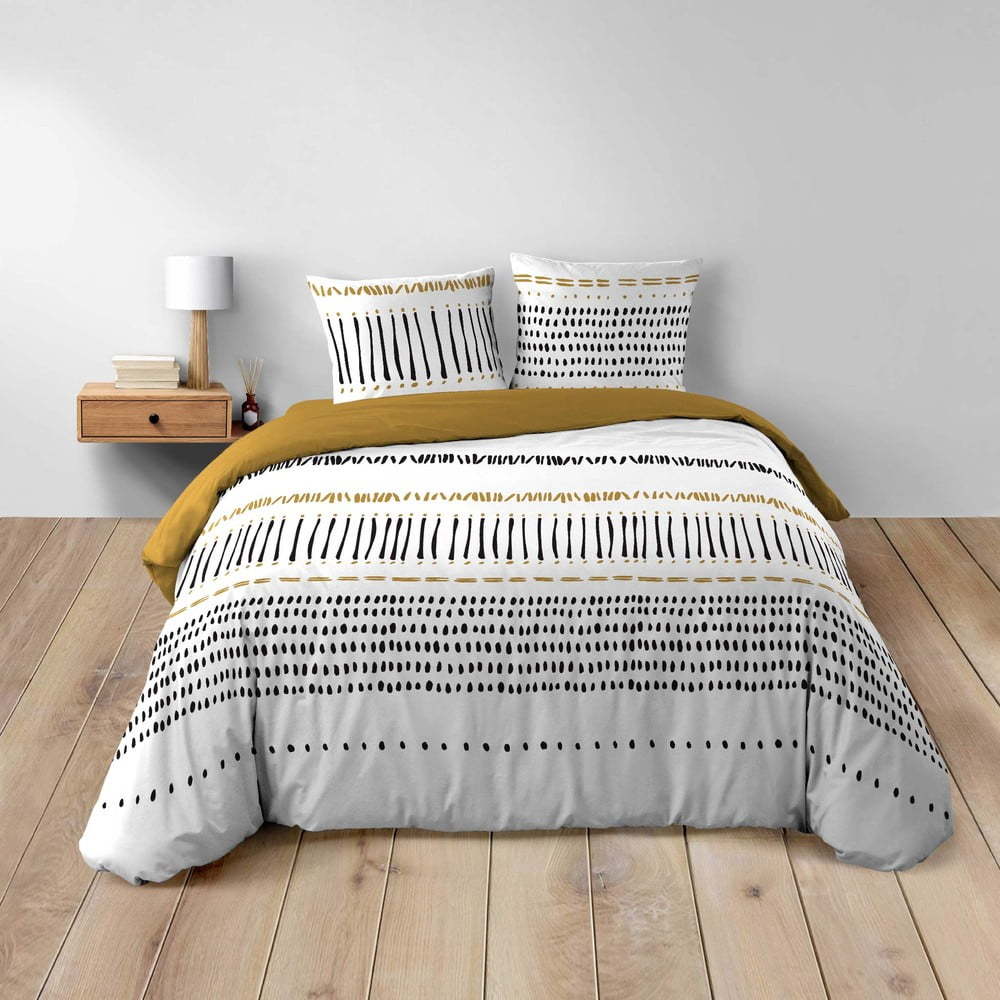 Bavlněné povlečení na dvoulůžko/prodloužené v hořčicové barvě/bílé 240x220 cm Chicago – douceur d'intérieur Douceur d intérieur