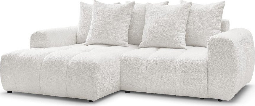 Bílá rozkládací/s úložným prostorem rohová pohovka z textilie bouclé (levý roh/s lenoškou) Roxelane – Bobochic Paris Bobochic Paris