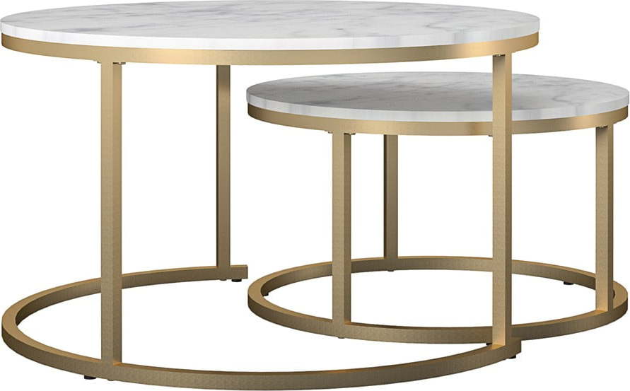 Bílé/ve zlaté barvě kulaté konferenční stolky v sadě 2 ks s deskou v dekoru mramoru ø 79 cm Amelia – CosmoLiving by Cosmopolitan CosmoLiving by Cosmopolitan
