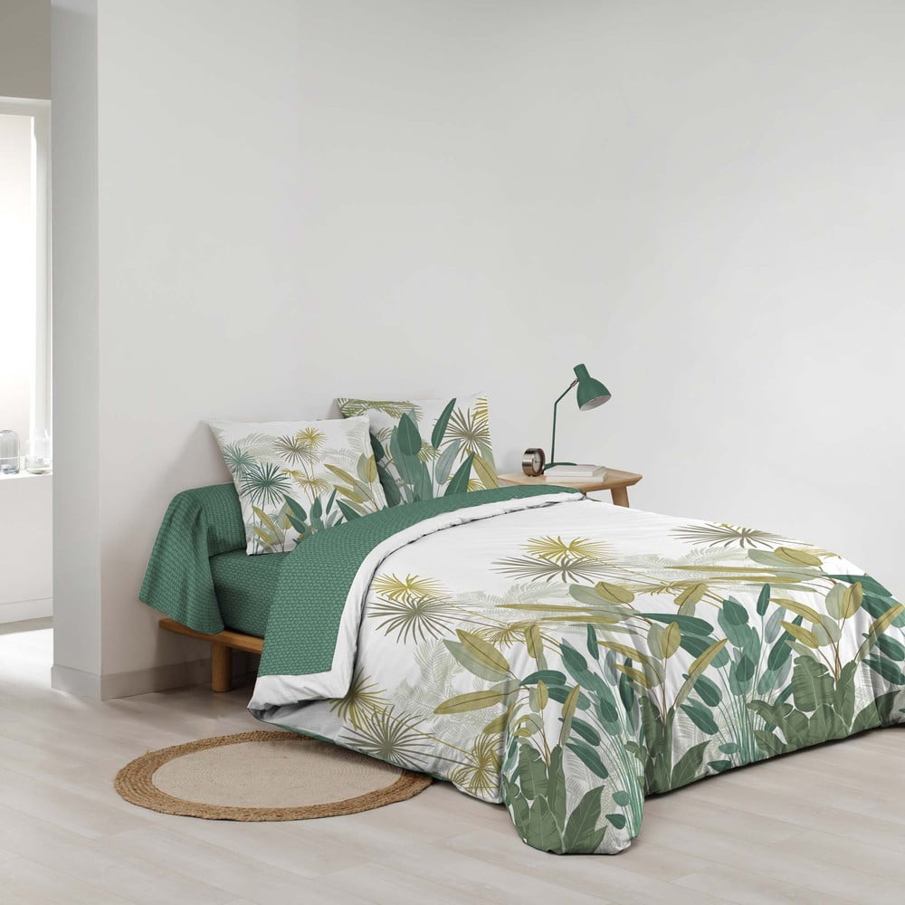 Bílé/zelené bavlněné povlečení na dvoulůžko/prodloužené s prostěradlem/6dílné 240x220 cm Otika – douceur d'intérieur Douceur d intérieur