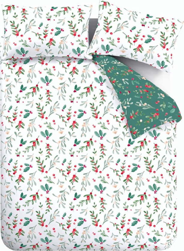 Bílé/zelené flanelové povlečení na dvoulůžko/prodloužené 230x220 cm Holly and Mistletoe – Catherine Lansfield Catherine Lansfield