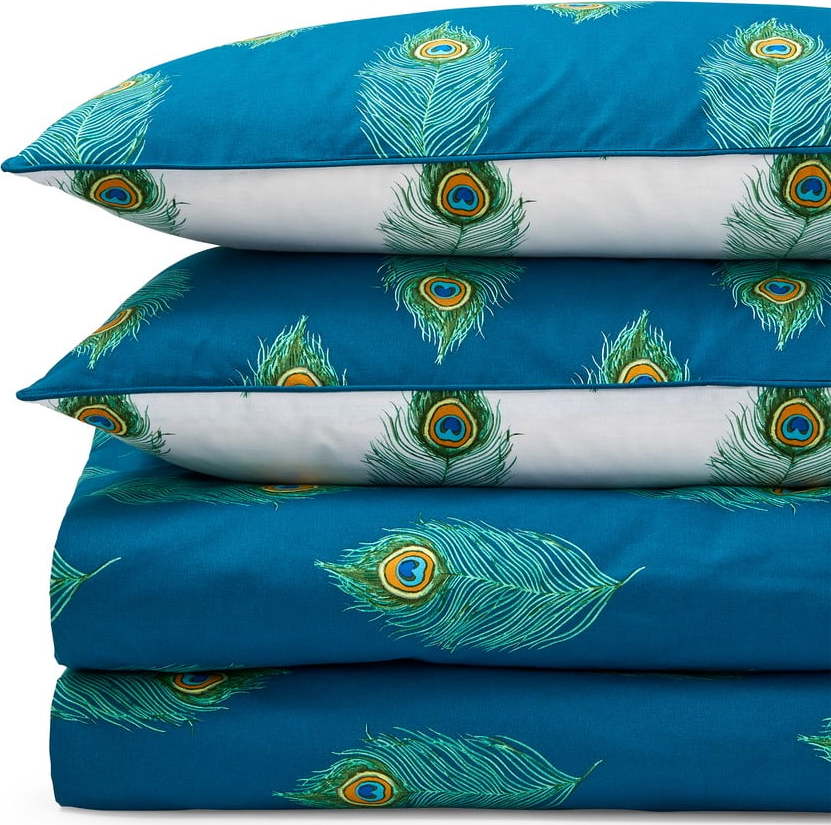 Bílé/zelenomodré bavlněné povlečení na dvoulůžko/prodloužené 230x220 cm Peacock Feather – Their Nibs Their Nibs