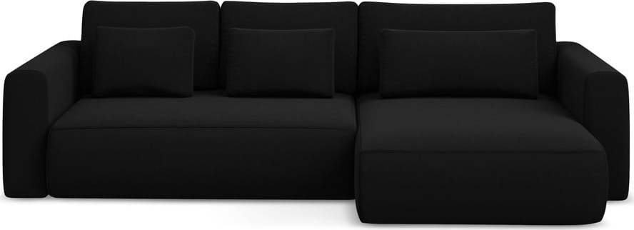 Černá sametová rozkládací/s úložným prostorem rohová pohovka (pravý roh/s lenoškou) Kapua – Makamii Makamii