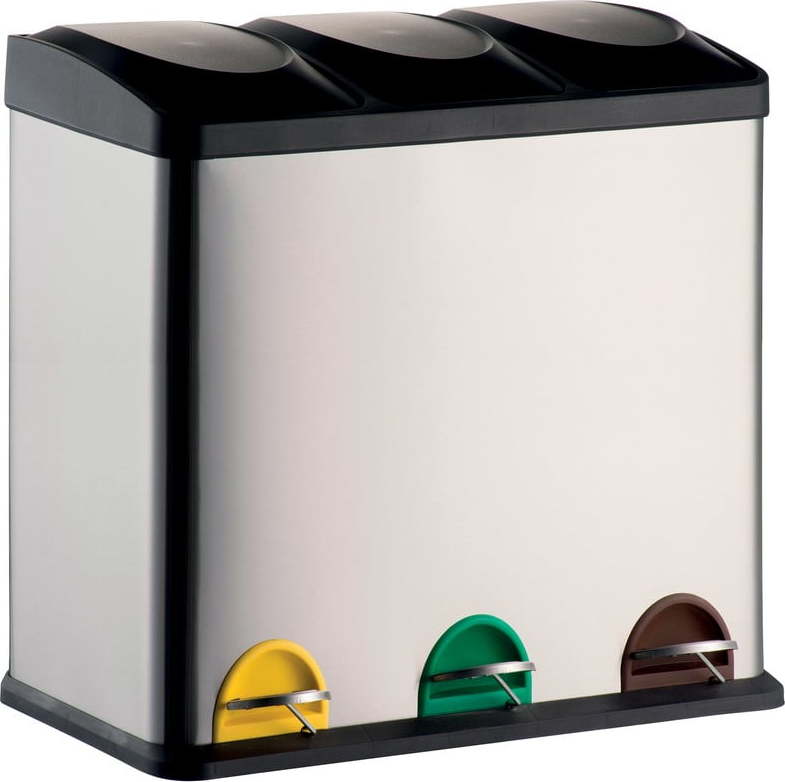Ocelový odpadkový koš 3x20 l na tříděný odpad/nášlapný v matně stříbrné barvě Tri Selectif – MSV MSV
