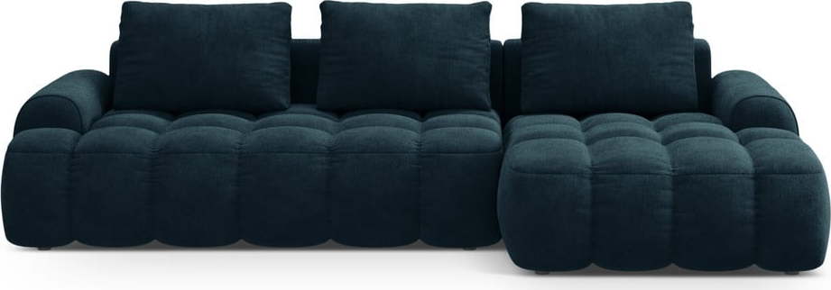 Sametová rozkládací/s úložným prostorem rohová pohovka v petrolejové barvě (pravý roh/s lenoškou) Linz – Cosmopolitan Design Cosmopolitan design