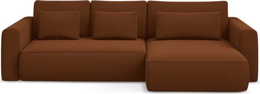 Sametová rozkládací/s úložným prostorem rohová pohovka v terakotové barvě (pravý roh/s lenoškou) Kapua – Makamii Makamii