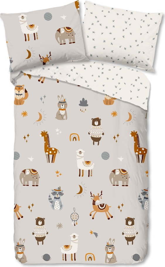 Šedobéžové bavlněné dětské povlečení na jednolůžko 140x200 cm Woody – Good Morning GOOD MORNING