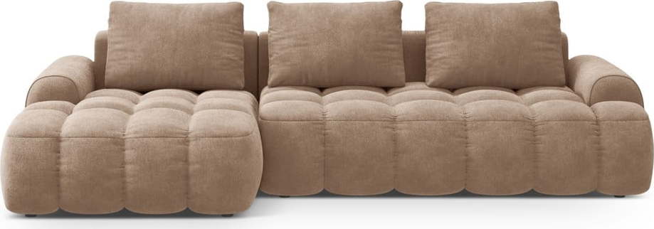 Světle hnědá sametová rozkládací/s úložným prostorem rohová pohovka (levý roh/s lenoškou) Linz – Cosmopolitan Design Cosmopolitan design