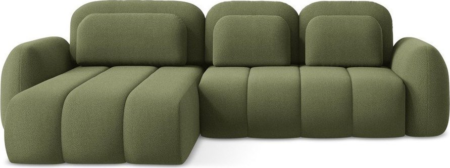 Zelená rozkládací/s úložným prostorem rohová pohovka z textilie bouclé (levý roh/s lenoškou) Pele – Makamii Makamii