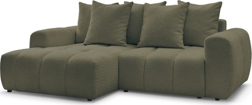 Khaki rozkládací/s úložným prostorem rohová pohovka z textilie bouclé (levý roh/s lenoškou) Roxelane – Bobochic Paris Bobochic Paris