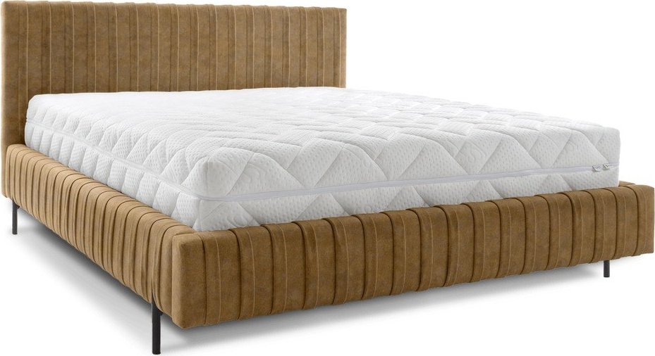 Okrově žlutá čalouněná dvoulůžková postel s úložným prostorem s roštem 180x200 cm Plissa – ELTAP ELTAP