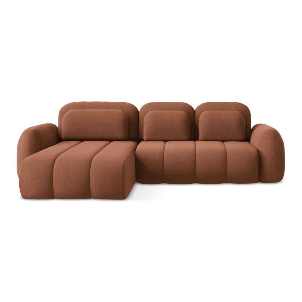 Rozkládací/s úložným prostorem rohová pohovka z textilie bouclé v terakotové barvě (levý roh/s lenoškou) Pele – Makamii Makamii