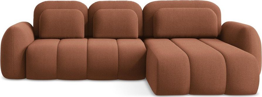 Rozkládací/s úložným prostorem rohová pohovka z textilie bouclé v terakotové barvě (pravý roh/s lenoškou) Pele – Makamii Makamii