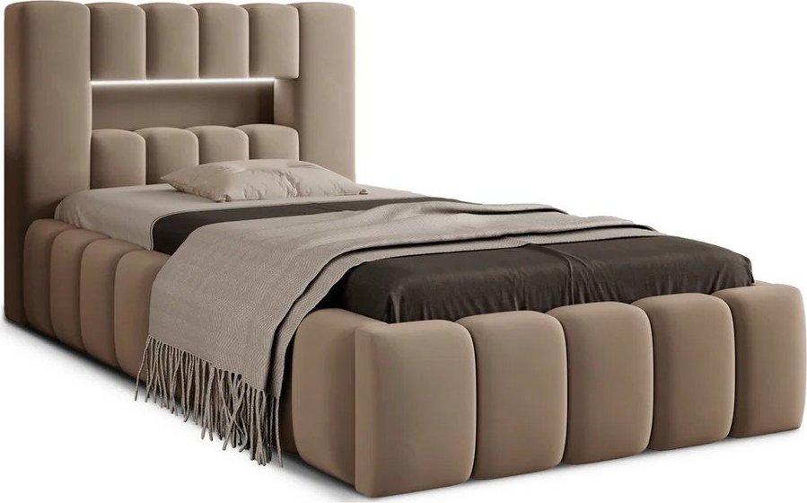 Světle hnědá čalouněná jednolůžková postel s úložným prostorem s roštem 90x200 cm Lamica – ELTAP ELTAP