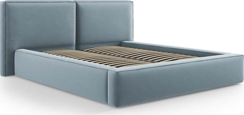 Světle modrá sametová čalouněná dvoulůžková postel s úložným prostorem s roštem 200x200 cm Arendal – Cosmopolitan Design Cosmopolitan design