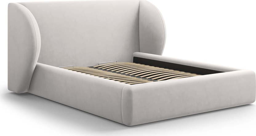 Světle šedá čalouněná dvoulůžková postel s úložným prostorem s roštem 200x200 cm Miley – Micadoni Home Micadoni