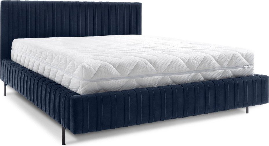Tmavě modrá čalouněná dvoulůžková postel s úložným prostorem s roštem 180x200 cm Plissa – ELTAP ELTAP