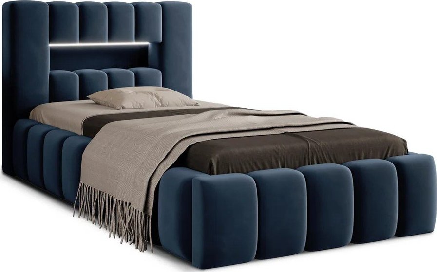 Tmavě modrá čalouněná jednolůžková postel s úložným prostorem s roštem 90x200 cm Lamica – ELTAP ELTAP