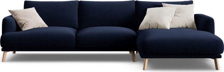 Tmavě modrá sametová rohová pohovka (pravý roh/s lenoškou) Naomi – Micadoni Micadoni