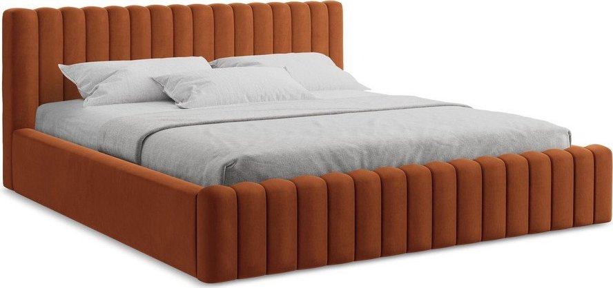 Čalouněná dvoulůžková postel s úložným prostorem s roštem 140x200 cm v terakotové barvě Lemi – Makamii Makamii