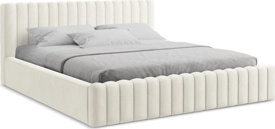 Krémová čalouněná dvoulůžková postel s úložným prostorem s roštem 180x200 cm Lemi – Makamii Makamii