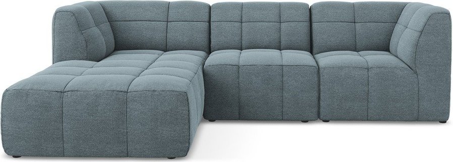 Modrá rohová pohovka z textilie bouclé (levý roh/s lenoškou) Aloha – Makamii Makamii