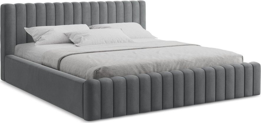 Šedá čalouněná dvoulůžková postel s úložným prostorem s roštem 160x200 cm Lemi – Makamii Makamii