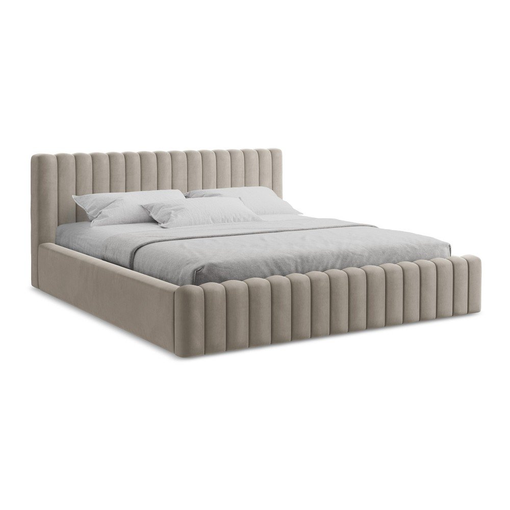 Taupe čalouněná dvoulůžková postel s úložným prostorem s roštem 180x200 cm Lemi – Makamii Makamii