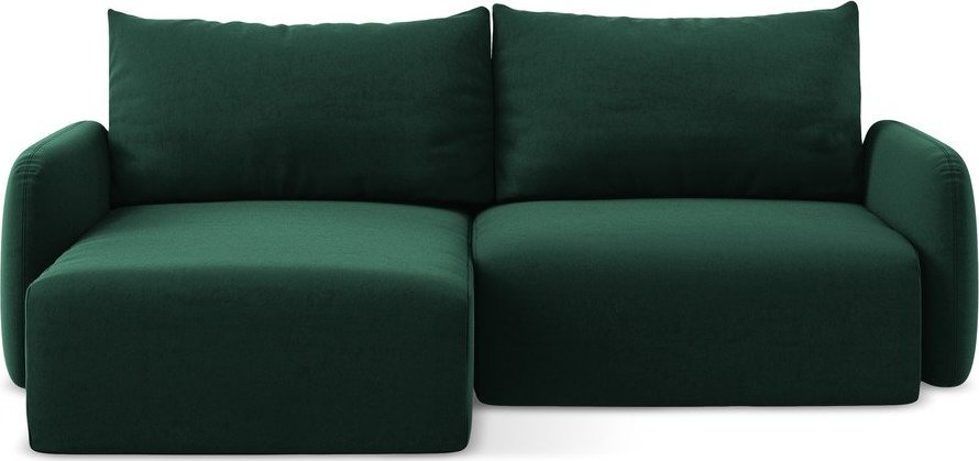 Tmavě zelená sametová rozkládací/s úložným prostorem rohová pohovka (levý roh/s lenoškou) Kalena – Makamii Makamii