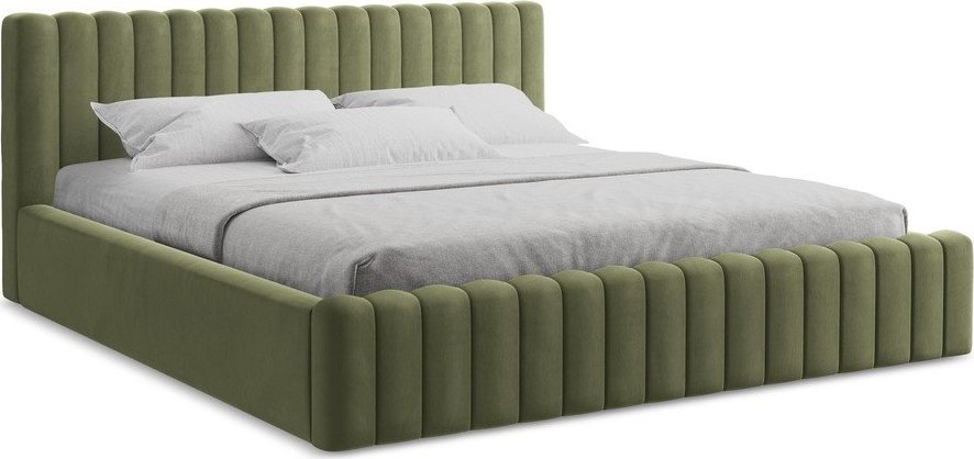 Zelená čalouněná dvoulůžková postel s úložným prostorem s roštem 160x200 cm Lemi – Makamii Makamii