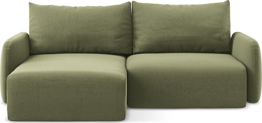 Zelená sametová rozkládací/s úložným prostorem rohová pohovka (levý roh/s lenoškou) Kalena – Makamii Makamii