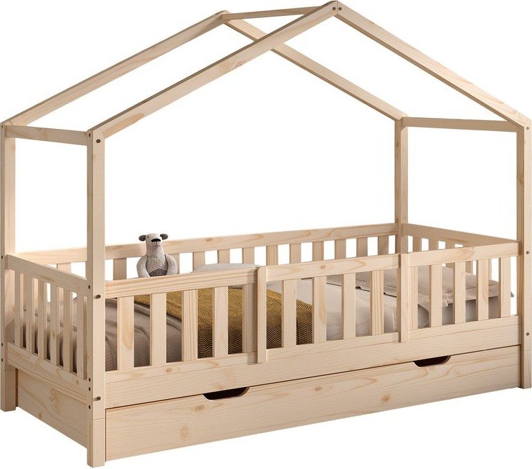 Domečková/s výsuvným lůžkem dětská postel z borovicového dřeva s úložným prostorem s roštem 90x200 cm v přírodní barvě Dallas – Vipack Vipack