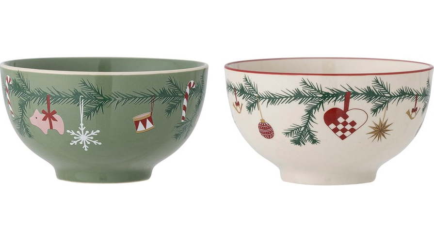 Bílo-zelené misky s vánočním motivem z kameniny v sadě 2 ks 500 ml Yule – Bloomingville Bloomingville